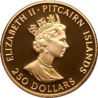 obverse of 250 Dollars - Elizabeth II - HMAV Bounty - 3'rd Portrait (1989) coin with KM# 6 from Pitcairn Islands. Inscription: ELIZABETH II · PITCAIRN ISLANDS 250 DOLLARS
