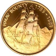 reverse of 250 Dollars - Elizabeth II - HMAV Bounty - 3'rd Portrait (1989) coin with KM# 6 from Pitcairn Islands. Inscription: HMAV BOUNTY 1789-1989