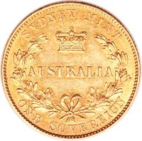 Australia coin 1 Sovereign - Victoria (1855 - 1856) reverse reverse of 1 Sovereign - Victoria (1855 - 1856) coin with KM# 2 from Australia. Inscription: SYDNEY MINT AUSTRALIA ONE SOVEREIGN