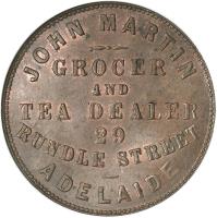 reverse of 1 Penny - John Martin Adelaide, South Australia (1863) coin with KM# Tn159 from Australia. Inscription: JOHN MARTIN GROCER AND TEA DEALER 29 RUNDLE STREET ADELAIDE