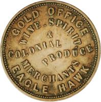 Australia coin 1 Penny - J. W. & G. Williams - Eaglehawk, Victoria (1857) obverse obverse of 1 Penny - J. W. & G. Williams - Eaglehawk, Victoria (1857) coin with KM# Tn272 from Australia. Inscription: GOLD OFFICE WINE , SPIRIT COLONIAL PRODUCE MERCHANTS EAGLE HAWK