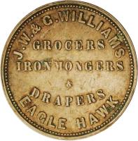 Australia coin 1 Penny - J. W. & G. Williams - Eaglehawk, Victoria (1857) reverse reverse of 1 Penny - J. W. & G. Williams - Eaglehawk, Victoria (1857) coin with KM# Tn272 from Australia. Inscription: J.W. & G. WILLIAMS GROCERS IRON MONGERS & DRAPERS EAGLE HAWK