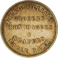 reverse of 1 Penny - J. W. & G. Williams - Eaglehawk, Victoria (1857) coin with KM# Tn272 from Australia. Inscription: J.W. & G. WILLIAMS GROCERS IRON MONGERS & DRAPERS EAGLE HAWK