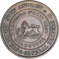 Australia coin 1/2 Penny - John Andrew & Co. - Melbourne, Victoria (1860) reverse reverse of 1/2 Penny - John Andrew & Co. - Melbourne, Victoria (1860) coin with KM# TnA11 from Australia. Inscription: JOHN ANDREW & Co. · IMPORTERS & GENERAL DRAPERS · II LONSDALE STREET WEST · MELBOURNE · COARD LONDON