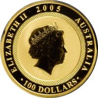 obverse of 100 Dollars - Elizabeth II - World War II - 4'th Portrait (2005) coin with KM# 797 from Australia. Inscription: ELIZABETH II 2005 AUSTRALIA IRB · 100 DOLLARS ·