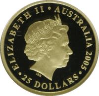 Australia coin 25 Dollars - Elizabeth II - Anniversary of the Sovereign - 4'th Portrait (2005) obverse obverse of 25 Dollars - Elizabeth II - Anniversary of the Sovereign - 4'th Portrait (2005) coin with KM# 868 from Australia. Inscription: ELIZABETH II · AUSTRALIA 2005 IRB · 25 DOLLARS ·