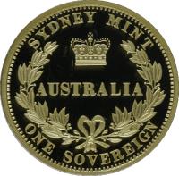 Australia coin 25 Dollars - Elizabeth II - Anniversary of the Sovereign - 4'th Portrait (2005) reverse reverse of 25 Dollars - Elizabeth II - Anniversary of the Sovereign - 4'th Portrait (2005) coin with KM# 868 from Australia. Inscription: SYDNEY MINT AUSTRALIA ONE SOVEREIGN