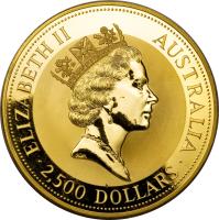 obverse of 2500 Dollars - Elizabeth II - Kangaroo: Red Kangaroo - Kangaroo Gold Bullion; 3'rd Portrait (1991) coin with KM# 151 from Australia. Inscription: ELIZABETH II AUSTRALIA RDM · 2,500 DOLLARS ·