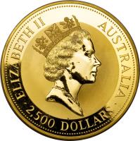 Australia coin 2500 Dollars - Elizabeth II - Kangaroo: Red Kangaroo - Kangaroo Gold Bullion; 3'rd Portrait (1991) obverse obverse of 2500 Dollars - Elizabeth II - Kangaroo: Red Kangaroo - Kangaroo Gold Bullion; 3'rd Portrait (1991) coin with KM# 151 from Australia. Inscription: ELIZABETH II AUSTRALIA RDM · 2,500 DOLLARS ·