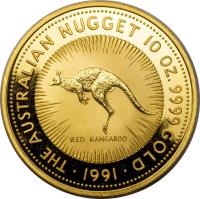 reverse of 2500 Dollars - Elizabeth II - Kangaroo: Red Kangaroo - Kangaroo Gold Bullion; 3'rd Portrait (1991) coin with KM# 151 from Australia. Inscription: THE AUSTRALIAN NUGGET 10 OZ. 9999 GOLD RED KANGAROO · 1991 ·