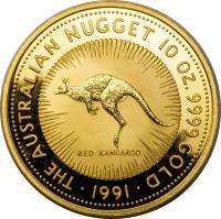Australia coin 2500 Dollars - Elizabeth II - Kangaroo: Red Kangaroo - Kangaroo Gold Bullion; 3'rd Portrait (1991) reverse reverse of 2500 Dollars - Elizabeth II - Kangaroo: Red Kangaroo - Kangaroo Gold Bullion; 3'rd Portrait (1991) coin with KM# 151 from Australia. Inscription: THE AUSTRALIAN NUGGET 10 OZ. 9999 GOLD RED KANGAROO · 1991 ·