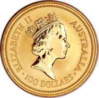 obverse of 100 Dollars - Elizabeth II - Kangaroo: Nail-Tailed Wallaby - Kangaroo Gold Bullion; 3'rd Portrait (1992 - 1993) coin with KM# 393 from Australia. Inscription: ELIZABETH II AUSTRALIA RDM · 100 DOLLARS ·