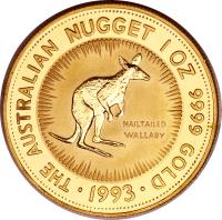 reverse of 100 Dollars - Elizabeth II - Kangaroo: Nail-Tailed Wallaby - Kangaroo Gold Bullion; 3'rd Portrait (1992 - 1993) coin with KM# 393 from Australia. Inscription: THE AUSTRALIAN NUGGET 1 OZ. 9999 GOLD NAILTAILED WALLABY · 1993 ·