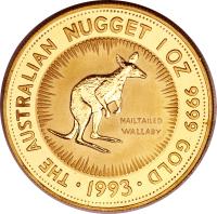 Australia coin 100 Dollars - Elizabeth II - Kangaroo: Nail-Tailed Wallaby - Kangaroo Gold Bullion; 3'rd Portrait (1992 - 1993) reverse reverse of 100 Dollars - Elizabeth II - Kangaroo: Nail-Tailed Wallaby - Kangaroo Gold Bullion; 3'rd Portrait (1992 - 1993) coin with KM# 393 from Australia. Inscription: THE AUSTRALIAN NUGGET 1 OZ. 9999 GOLD NAILTAILED WALLABY · 1993 ·