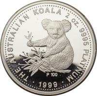 reverse of 200 Dollars - Elizabeth II - Koala - Koala Platinum Bullion; 4'th Portrait (1999) coin with KM# 461 from Australia. Inscription: THE AUSTRALIAN KOALA 2 oz. 9995 PLATINUM P 100 · 1999 ·