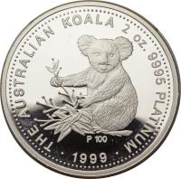 Australia coin 200 Dollars - Elizabeth II - Koala - Koala Platinum Bullion; 4'th Portrait (1999) reverse reverse of 200 Dollars - Elizabeth II - Koala - Koala Platinum Bullion; 4'th Portrait (1999) coin with KM# 461 from Australia. Inscription: THE AUSTRALIAN KOALA 2 oz. 9995 PLATINUM P 100 · 1999 ·