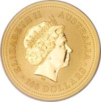 obverse of 100 Dollars - Elizabeth II - Kangaroo - Kangaroo Gold Bullion; 4'th Portrait (2000) coin with KM# 468 from Australia. Inscription: ELIZABETH II AUSTRALIA IRB · 100 DOLLARS ·
