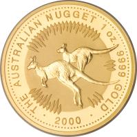 reverse of 100 Dollars - Elizabeth II - Kangaroo - Kangaroo Gold Bullion; 4'th Portrait (2000) coin with KM# 468 from Australia. Inscription: THE AUSTRALIAN NUGGET 1 OZ. 9999 GOLD · 2000 ·