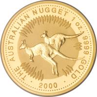 Australia coin 100 Dollars - Elizabeth II - Kangaroo - Kangaroo Gold Bullion; 4'th Portrait (2000) reverse reverse of 100 Dollars - Elizabeth II - Kangaroo - Kangaroo Gold Bullion; 4'th Portrait (2000) coin with KM# 468 from Australia. Inscription: THE AUSTRALIAN NUGGET 1 OZ. 9999 GOLD · 2000 ·