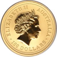 Australia coin 100 Dollars - Elizabeth II - Lunar Year: Year of the Snake - Lunar Year Gold Bullion; 4'th Portrait (2001) obverse obverse of 100 Dollars - Elizabeth II - Lunar Year: Year of the Snake - Lunar Year Gold Bullion; 4'th Portrait (2001) coin with KM# 543 from Australia. Inscription: ELIZABETH II AUSTRALIA IRB · 100 DOLLARS ·