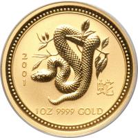 reverse of 100 Dollars - Elizabeth II - Lunar Year: Year of the Snake - Lunar Year Gold Bullion; 4'th Portrait (2001) coin with KM# 543 from Australia. Inscription: 2 0 0 1 1 OZ 9999 GOLD