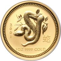 Australia coin 100 Dollars - Elizabeth II - Lunar Year: Year of the Snake - Lunar Year Gold Bullion; 4'th Portrait (2001) reverse reverse of 100 Dollars - Elizabeth II - Lunar Year: Year of the Snake - Lunar Year Gold Bullion; 4'th Portrait (2001) coin with KM# 543 from Australia. Inscription: 2 0 0 1 1 OZ 9999 GOLD