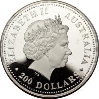 obverse of 200 Dollars - Elizabeth II - Koala - Koala Platinum Bullion; 4'th Portrait (2003) coin with KM# 929 from Australia. Inscription: ELIZABETH II AUSTRALIA IRB · 200 DOLLARS ·