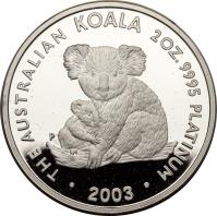 reverse of 200 Dollars - Elizabeth II - Koala - Koala Platinum Bullion; 4'th Portrait (2003) coin with KM# 929 from Australia. Inscription: THE AUSTRALIAN KOALA 2 OZ. 9995 PLATINUM P · 2003 ·