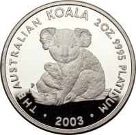 Australia coin 200 Dollars - Elizabeth II - Koala - Koala Platinum Bullion; 4'th Portrait (2003) reverse reverse of 200 Dollars - Elizabeth II - Koala - Koala Platinum Bullion; 4'th Portrait (2003) coin with KM# 929 from Australia. Inscription: THE AUSTRALIAN KOALA 2 OZ. 9995 PLATINUM P · 2003 ·