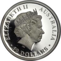 obverse of 50 Dollars - Elizabeth II - Discover Australia: Kangaroo - Discover Australia Platinum Bullion; 4'th Portrait (2009) coin with KM# 1237 from Australia. Inscription: ELIZABETH II AUSTRALIA IRB · 50 DOLLARS ·