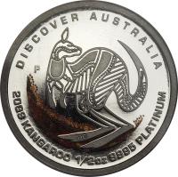 reverse of 50 Dollars - Elizabeth II - Discover Australia: Kangaroo - Discover Australia Platinum Bullion; 4'th Portrait (2009) coin with KM# 1237 from Australia. Inscription: DISCOVER AUSTRALIA P DB 2009 KANGAROO 1/2 OZ 9995 PLATINUM
