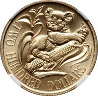 Australia coin 200 Dollars - Elizabeth II - Koala - 2'nd Portrait (1980 - 1984) reverse reverse of 200 Dollars - Elizabeth II - Koala - 2'nd Portrait (1980 - 1984) coin with KM# 71 from Australia. Inscription: TWO HUNDRED DOLLARS