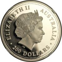 obverse of 200 Dollars - Elizabeth II - Koala - Koala Platinum Bullion; 4'th Portrait (2001) coin with KM# 920 from Australia. Inscription: ELIZABETH II AUSTRALIA IRB · 200 DOLLARS ·