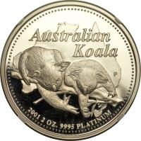 reverse of 200 Dollars - Elizabeth II - Koala - Koala Platinum Bullion; 4'th Portrait (2001) coin with KM# 920 from Australia. Inscription: Australian Koala P 2001 2 OZ. 9995 PLATINUM