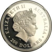 obverse of 200 Dollars - Elizabeth II - Koala - Koala Platinum Bullion; 4'th Portrait (2002) coin with KM# 925 from Australia. Inscription: ELIZABETH II AUSTRALIA IRB · 200 DOLLARS ·