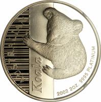 reverse of 200 Dollars - Elizabeth II - Koala - Koala Platinum Bullion; 4'th Portrait (2002) coin with KM# 925 from Australia. Inscription: AUSTRALIAN Koala P 2002 2OZ. 9995 PLATINUM