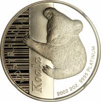 Australia coin 200 Dollars - Elizabeth II - Koala - Koala Platinum Bullion; 4'th Portrait (2002) reverse reverse of 200 Dollars - Elizabeth II - Koala - Koala Platinum Bullion; 4'th Portrait (2002) coin with KM# 925 from Australia. Inscription: AUSTRALIAN Koala P 2002 2OZ. 9995 PLATINUM