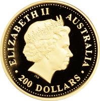 obverse of 200 Dollars - Elizabeth II - Australian Nugget: Kangaroo - Australian Nugget Gold Bullion; 4'th Portrait (2005) coin with KM# 914 from Australia. Inscription: ELIZABETH II AUSTRALIA IRB .200 DOLLARS.