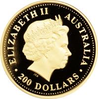 Australia coin 200 Dollars - Elizabeth II - Australian Nugget: Kangaroo - Australian Nugget Gold Bullion; 4'th Portrait (2005) obverse obverse of 200 Dollars - Elizabeth II - Australian Nugget: Kangaroo - Australian Nugget Gold Bullion; 4'th Portrait (2005) coin with KM# 914 from Australia. Inscription: ELIZABETH II AUSTRALIA IRB .200 DOLLARS.