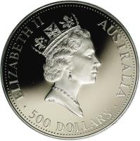 obverse of 500 Dollars - Elizabeth II - Koala - Koala Platinum Bullion; 3'rd Portrait (1991) coin with KM# 157 from Australia. Inscription: ELIZABETH II AUSTRALIA · 500 DOLLARS ·