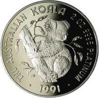 reverse of 500 Dollars - Elizabeth II - Koala - Koala Platinum Bullion; 3'rd Portrait (1991) coin with KM# 157 from Australia. Inscription: THE AUSTRALIAN KOALA 2 oz. 9995 PLATINUM JB · 1991 ·
