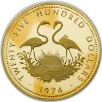 reverse of 2500 Dollars - Elizabeth II (1974 - 1977) coin with KM# 75 from Bahamas. Inscription: TWENTY FIVE HUNDRED DOLLARS · 1974 ·