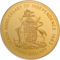 Bahamas coin 2500 Dollars - Elizabeth II - Independence (1983) reverse reverse of 2500 Dollars - Elizabeth II - Independence (1983) coin with KM# 101 from Bahamas. Inscription: TENTH ANNIVERSARY OF INDEPENDENCE - 1983 FORWARD, UPWARD, ONWARD TOGETHER (CHI) · 2500 DOLLARS ·