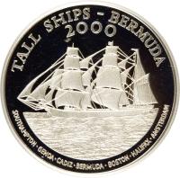 reverse of 1 Dollar - Elizabeth II - Tall ships - 4'th Portrait (2000) coin with KM# 117a from Bermuda. Inscription: TALL SHIPS - BERMUDA 2000 SOUTHAMPTON.GENOA.CADIZ.BERMUDA.BOSTON.HALIFAX.AMSTERDAM
