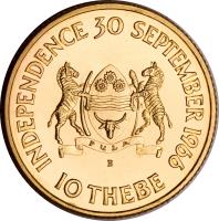 reverse of 10 Thebe - Independence (1966) coin with KM# 2 from Botswana. Inscription: INDEPENDENCE 30 SEPTEMBER 1966 PULA B 10 THEBE