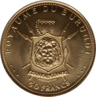 reverse of 50 Francs - Mwambutsa IV - Golden Jubilee (1965) coin with KM# 9 from Burundi. Inscription: ROYAUME DU BURUNDI 50 FRANCS