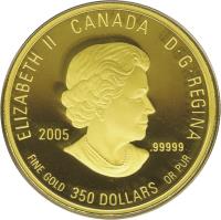 Canada coin 350 Dollars - Elizabeth II - Western Red Lilly (2005) obverse obverse of 350 Dollars - Elizabeth II - Western Red Lilly (2005) coin with KM# 601 from Canada. Inscription: ELIZABETH II CANADA D · G · REGINA 2005 .99999 FINE GOLD 350 DOLLARS OR PUR