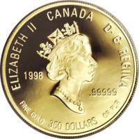 Canada coin 350 Dollars - Elizabeth II - Flowers of Canada's Coat of Arms (1998) obverse obverse of 350 Dollars - Elizabeth II - Flowers of Canada's Coat of Arms (1998) coin with KM# 308 from Canada. Inscription: ELIZABETH II CANADA D · G · REGINA 1998 .99999 FINE GOLD 350 DOLLARS OR PUR