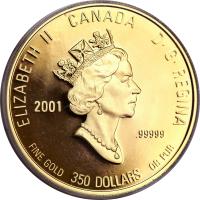 Canada coin 350 Dollars - Elizabeth II - Mayflower Flower (2001) obverse obverse of 350 Dollars - Elizabeth II - Mayflower Flower (2001) coin with KM# 433 from Canada. Inscription: ELIZABETH II CANADA D · G · REGINA 2001 .99999 FINE GOLD 350 DOLLARS OR PUR