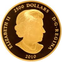 obverse of 2500 Dollars - Elizabeth II - Banff National Park (2010) coin with KM# 1045 from Canada. Inscription: ELIZABETH II	2500 DOLLARS	D · G · REGINA SB 2010